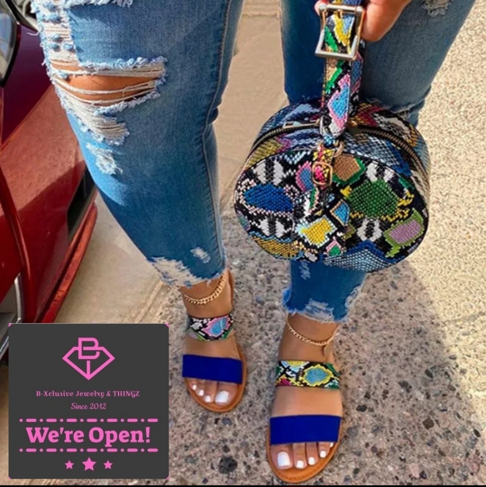 BLUE SNAKESKIN SLIDES AND PURSE